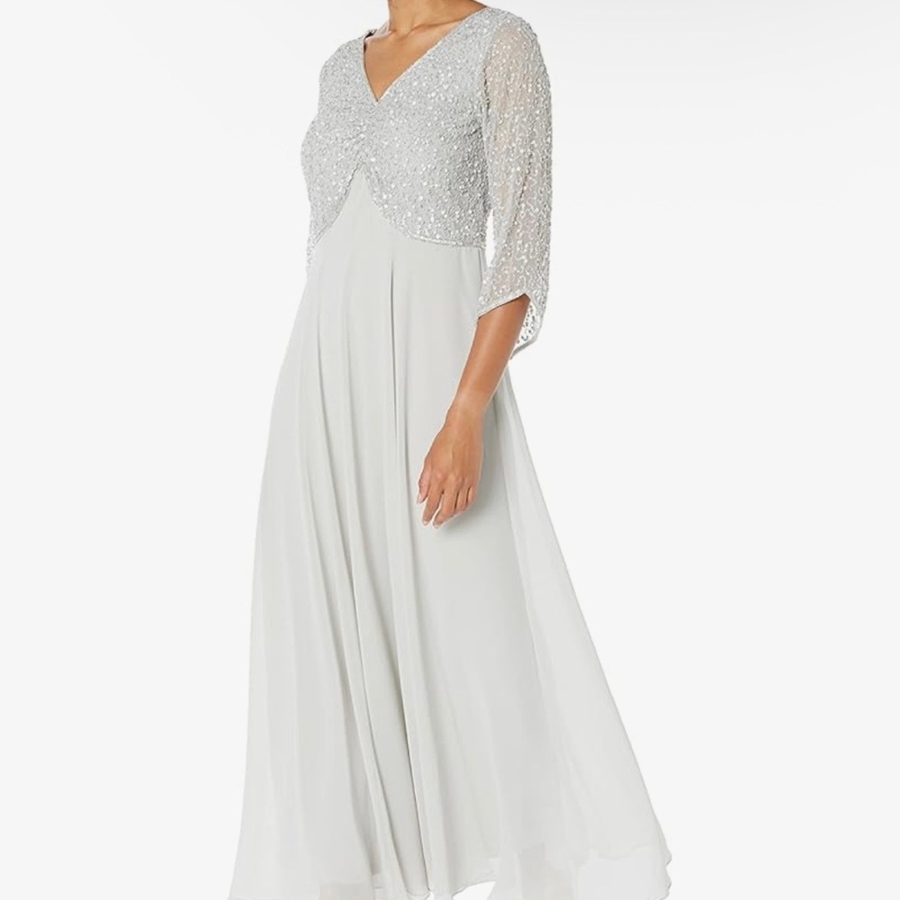 J Kara V-Neck Beaded & Sequin Gown Silver 14